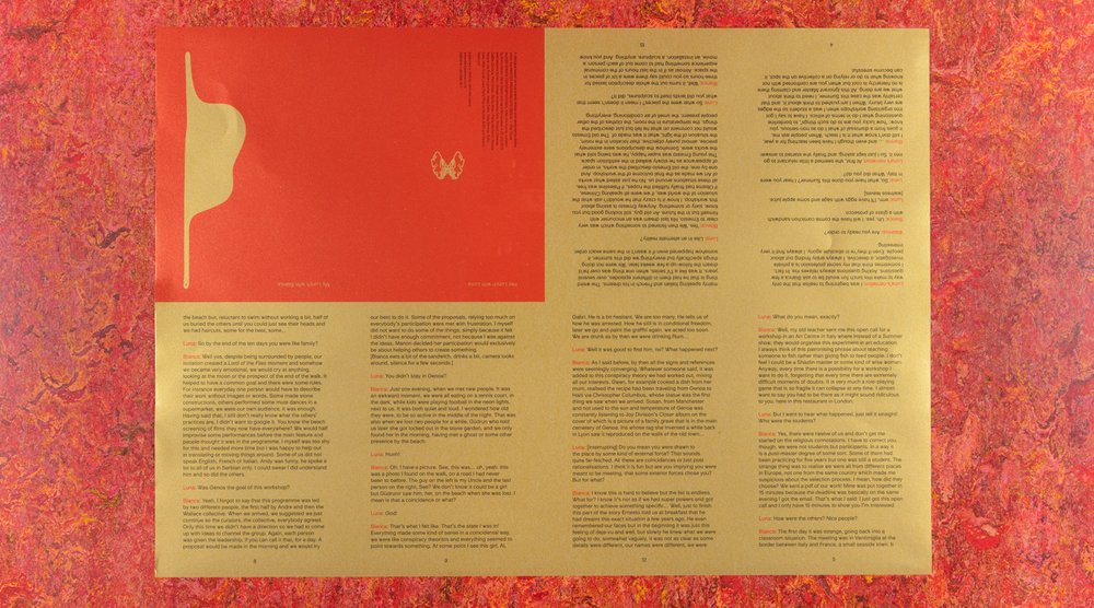 My Lunch with Bianca - Abake | A6 booklet (to be folded down from A3)  Limited edition of xxx 3 colour gold, black and red
This short dialogue between Bianca and Charlotte is an unsolicited second part to what we believe is a trilogy starting with My Breakfast with Blassie (Andy Kaufman 19xx) and concluding with My dinner with Andre (Louis Malle, 19xx). The structure follows Louis Malle’s movie: two people who have not seen each other for a long time tell each other about something described while eating. In the movie we are never shown the events but only its retelling. The dialogue is based on a workshop led by åbäke in Genoa at Villa Croce in 2013. In 2014 My Lunch with Bianca became a short film made in Musée de la Danse in Rennes for the exhibition DIGEST- La Permanence, curated by Boris Charmatz
Author / Editor: Åbäke 
Design: Åbäke
 Year: 2014 
Price: £5
Postage & Package not included 
First Edition: xxx 
Weight: xx g 
Width: 10.5 cm Height: 14.8 cm
8 pages 