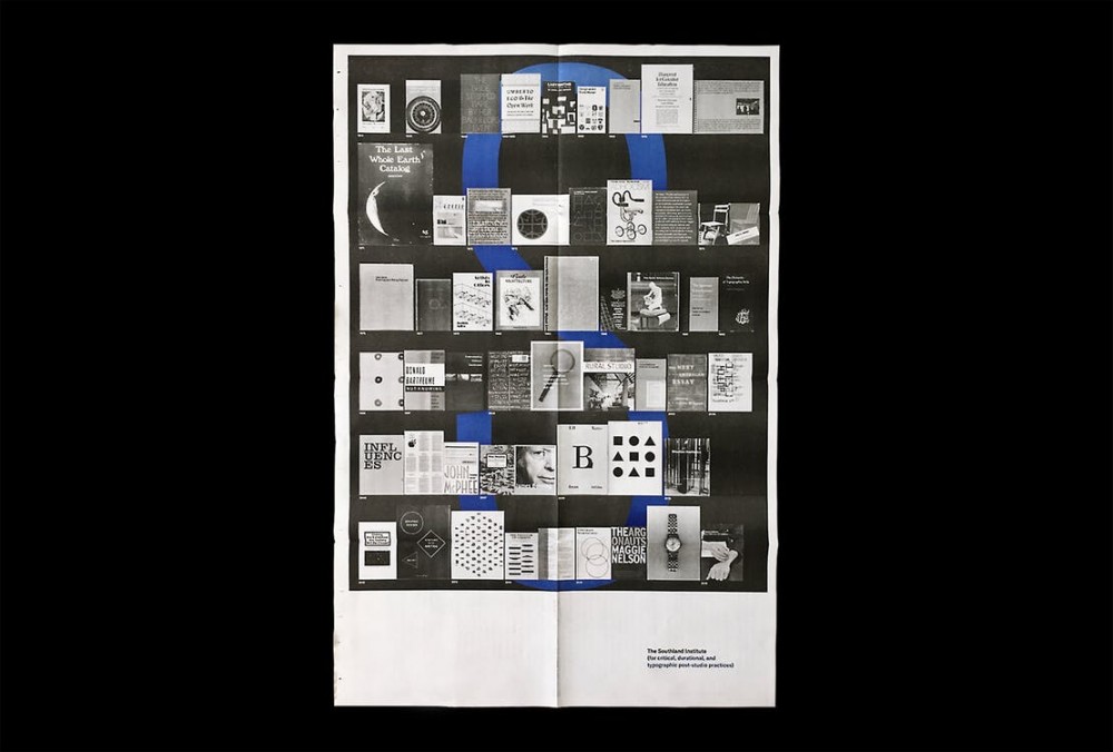 Southland Institute, poster-pectus | The Southland Institute (for critical, durational, and typographic post-studio practices) is an unaccredited postgraduate workshop and evolving public online repository of educational resources, built around a central curricular helix consisting of the tools, processes, histories, and discourses of typography and critical art-making. It is also intended to be a forum for inquiry into the processes, potentials, and complications of education and its attendant structures and systems.
